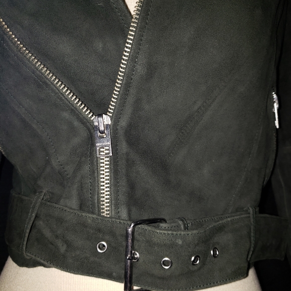 Lucky Brand Dark Green 100% Leather Suede Texture Moto Jacket Small Imperfection - Picture 6 of 10